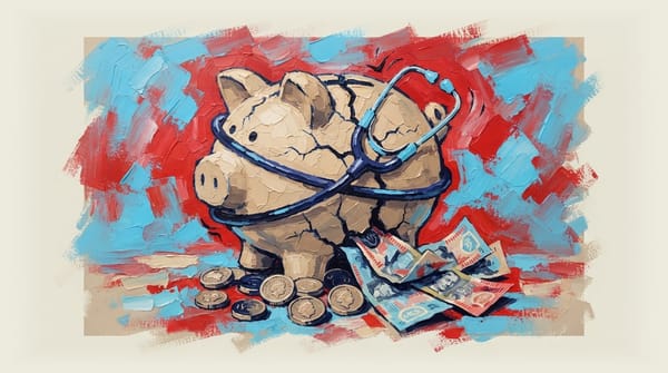 Stethoscope wrapped around a cracking piggy bank overflowing with Australian coins and notes.
