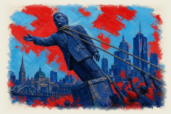 Statue with ropes around its neck being pulled down, Melbourne skyline visible in background