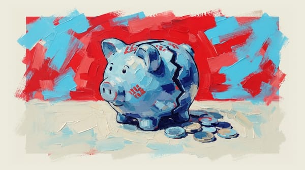 Cracked ceramic piggy bank with coins spilling out on a plain surface, symbolizing eroding household savings.