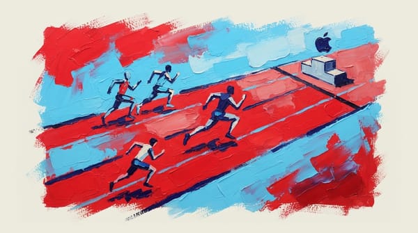 Aerial view of a race track with four runners at staggered positions, an empty podium at the finish line with Apple's logo ab