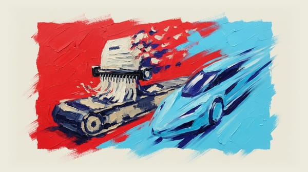 Legislative document shredding on slow conveyor belt while AI technology races ahead on faster track, showing speed gap betwe