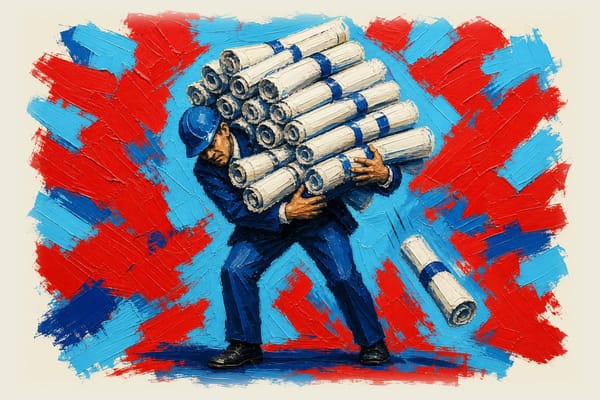 Person holding an enormous stack of rolled blueprints that's bending under the weight, with one blueprint falling.