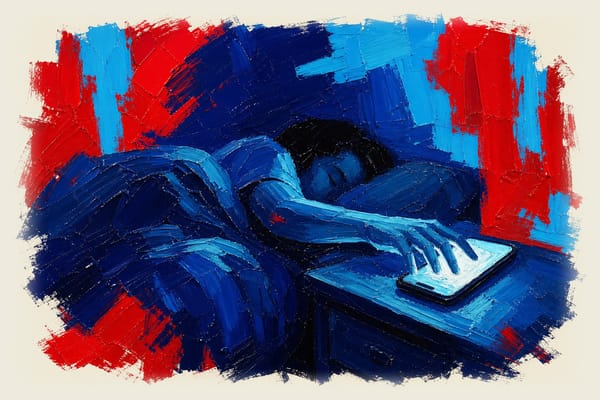 Person in bed at night reaching toward a glowing smartphone on the bedside table in the dark.