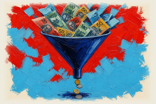 Funnel with Australian money pouring in top, few coins emerging from bottom, showing spending versus community impact gap.