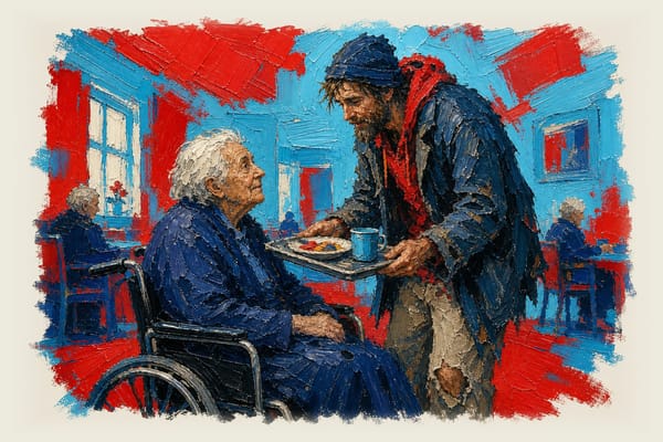 Elderly person in wheelchair receiving meal from poorly dressed caregiver at aged care facility
