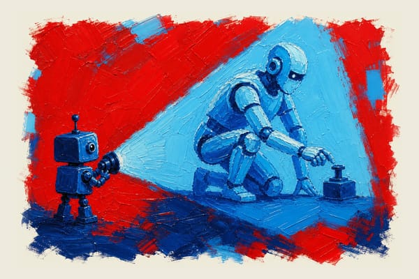 Small robot shining light to project silhouette of crouching humanoid figure activating something
