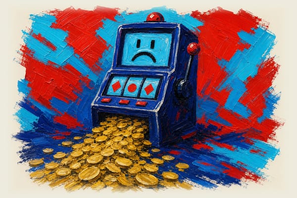 Poker machine with coins flowing out and a sad face displayed on the screen