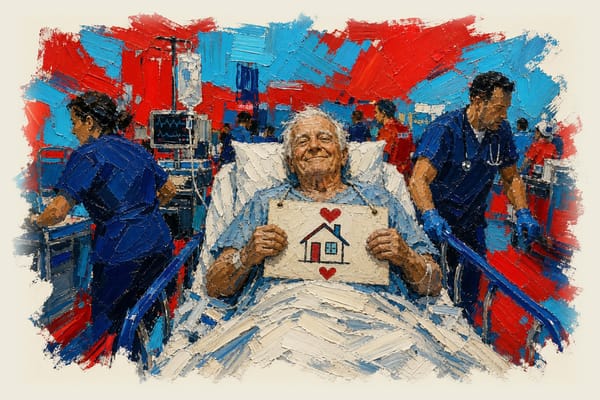 Elderly patient in hospital bed surrounded by busy emergency room with home sign