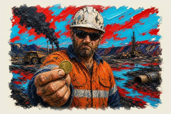 Australian miner in high-visibility gear holding a two-dollar coin, standing before a severely damaged mine site landscape.