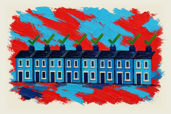 Rows of identical standardized townhouses with green checkmarks indicating approval