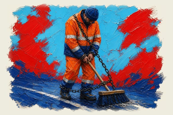 Road maintenance worker in high-visibility gear chained to a broom sweeping the road
