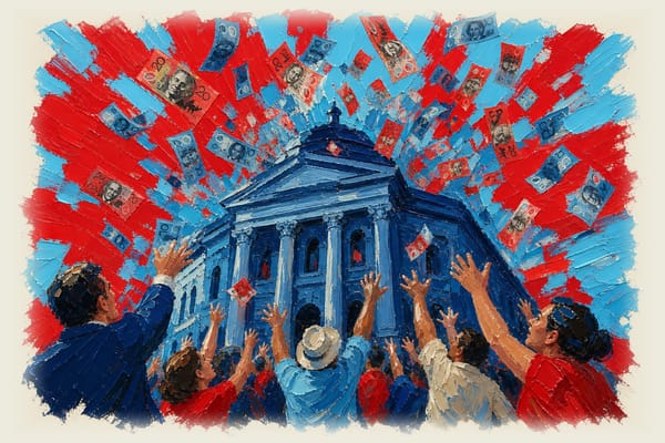 Old bank building with Australian currency notes shooting out from the roof like confetti while people below reach up to catc