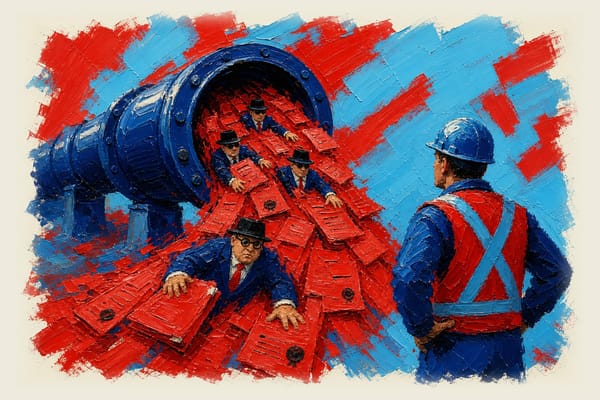 Construction worker observing a pipeline discharging red tape, paperwork, and bureaucratic figures