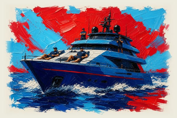 Drug enforcement officers relax on the deck of a luxury yacht-style boat used for offshore drug detection operations.