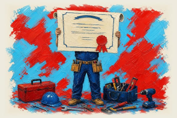 Tradesperson holding an oversized diploma blocking their view of tools on the ground below.