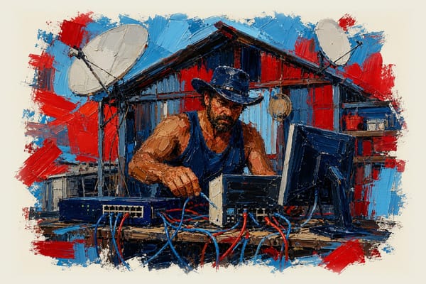 Australian man in a shed surrounded by computers connected with cables and satellite dishes