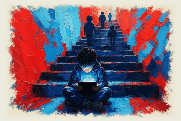 Child silhouette looking at glowing iPad at bottom of staircase while other children climb steps ahead in distance.