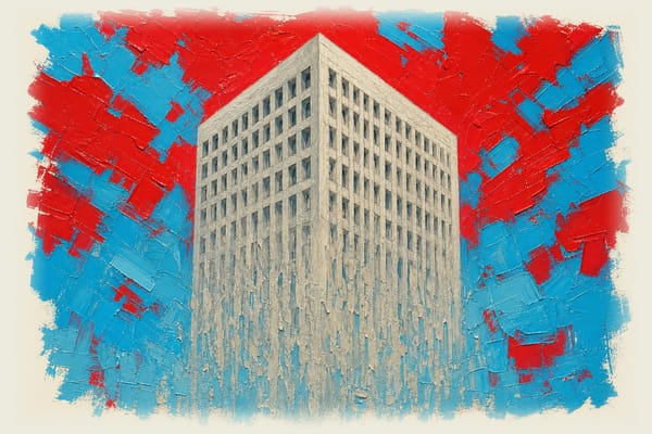 Corporate office building rendered in pale grey eraser material, fading and disappearing toward the ground.