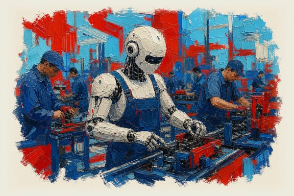 AI robot working alongside human workers on a factory floor