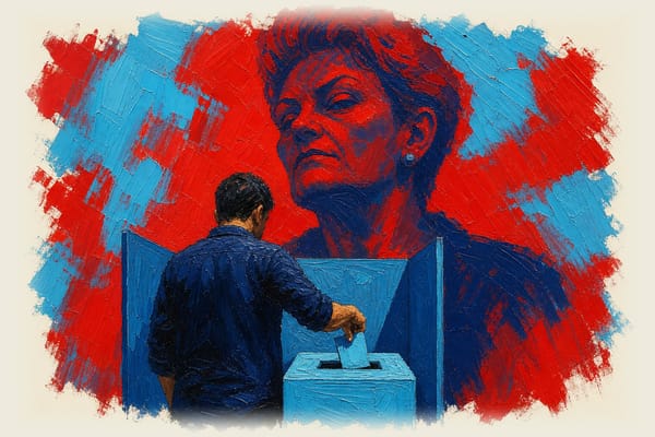Voter's hand inserting ballot into box with large shadow of Pauline Hanson cast across voting booth wall behind them.