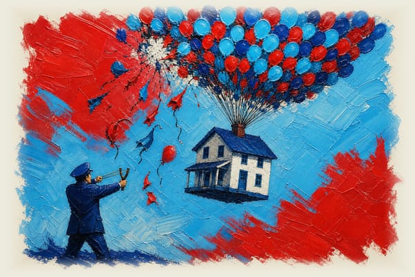 House suspended by colorful balloons in sky with official figure shooting at them with slingshot below