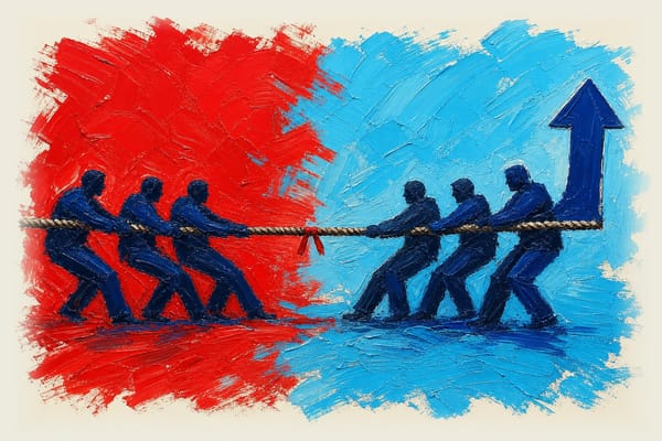 Tug-of-war rope pulled from both ends, one side labeled with upward arrow for economy, representing competing forces in migra