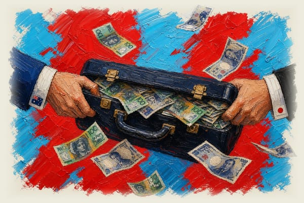 Two hands straining to hold an overflowing briefcase with Australian and Japanese currency spilling out.