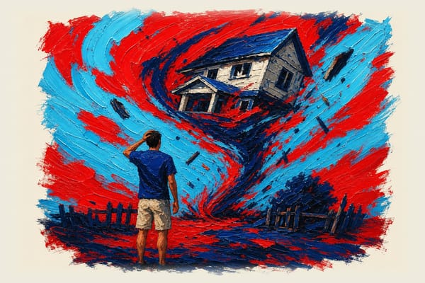 Australian first home buyer standing before a house being pulled upward into a swirling whirlwind