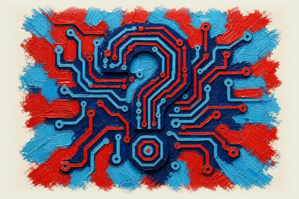 Circuit board with glowing pathways forming a large question mark symbol