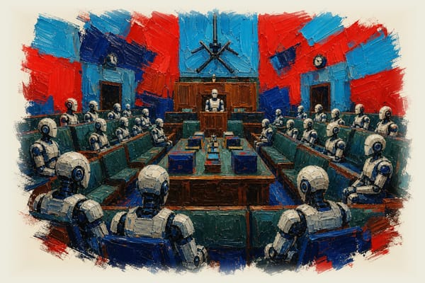 Humanoid robots seated in rows inside the Australian House of Representatives chamber.
