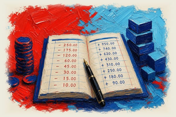 Banker's ledger showing subtracted numbers in one column and larger added numbers in another, with pen hovering between them.