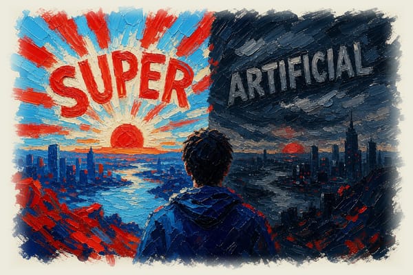 Split-screen comparison showing a figure under a bright sun labeled "SUPER" contrasted with a dimmer version labeled "ARTIFIC